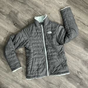 The North Face Reversible Quilted Plush Fleece Coat Gray / Aqua Large 14/16